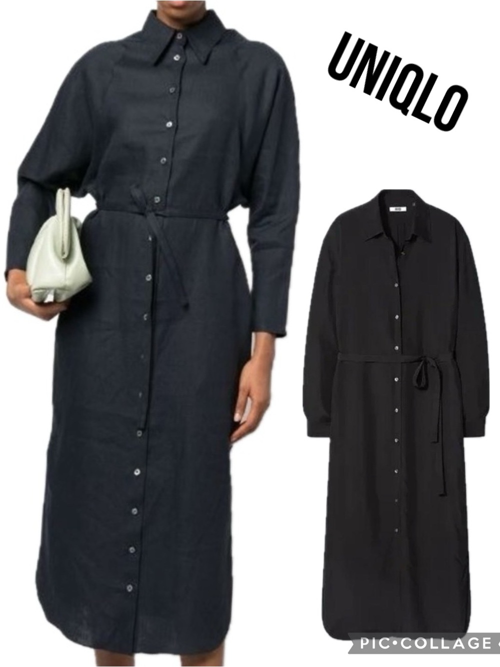 Uniqlo Dark Gray Long Sleeve Drawstring Midi Length Button Down Shirt Dress